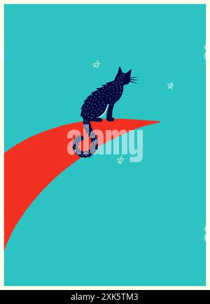Midnight Blue Cat Perched on Crescent Moon with Stars - Whimsical Night Sky Illustration Stock Vector