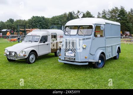 Ballymena, Northern Ireland - July 20th, 2024: classic Citroen Acadiane van beside Citroen H van. Concept classic vehicles, design, rally, display. Stock Photo