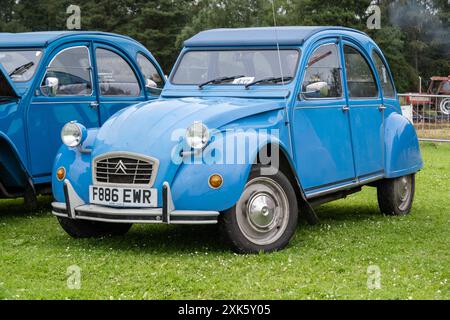 Ballymena, Northern Ireland - July 20th, 2024: classic French Citroen 2CV car in blue. Concept rally, vintage, retro, motoring, design, chic Stock Photo