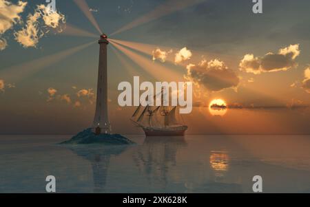 Lighthouse & Sailing Ship Stock Photo