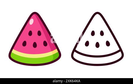 Watermelon slice simple cartoon icon. Color and black and white line art. Isolated vector illustration. Stock Vector