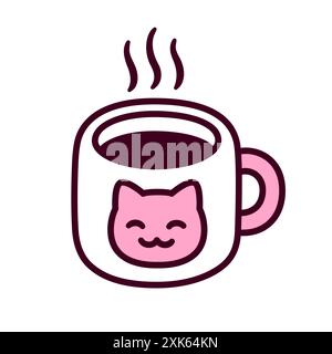 Simple doodle icon of coffee cup or tea mug with kawaii cat face. Cute cartoon morning hot drink drawing. Hand drawn vector illustration. Stock Vector