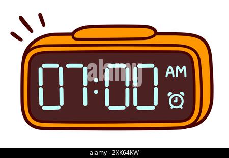 Digital alarm clock cartoon drawing. LED display showing 7 am. Cute hand drawn doodle, vector clip art illustration. Stock Vector