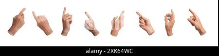 Index finger, pointer indicating, pointing to different sides, angles. Hand touching, reaching out, isolated on white background, set. Stock Photo