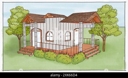 Digital Perspective Architecture sketch of wooden house exterior render on texture paper. Green, brown, grey watercolor tone in ink with roof, landsca Stock Photo