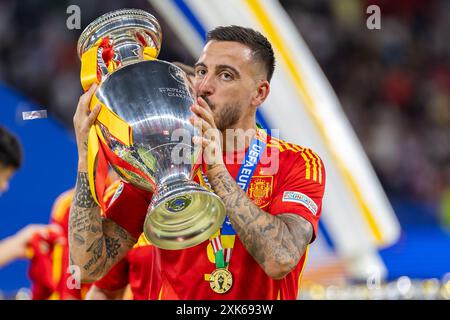 Jose Luis Mato Sanmartín, well known as Joselu of Spain celebrates with Henri Delaunay Trophy during the UEFA EURO 2024 final match between Spain and Stock Photo