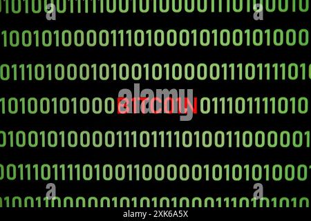 BITCOIN text and binary code concept from the desktop computer screen, selective focus, electronic currency, future payment concept Stock Photo