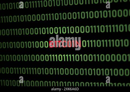 BITCOIN text and binary code concept from the desktop computer screen, selective focus, electronic currency, future payment concept Stock Photo