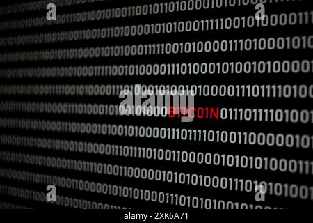BITCOIN text and binary code concept from the desktop computer screen, selective focus, electronic currency, future payment concept Stock Photo