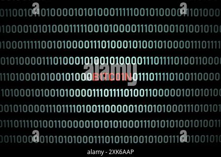 BITCOIN text and binary code concept from the desktop computer screen, selective focus, electronic currency, future payment concept Stock Photo