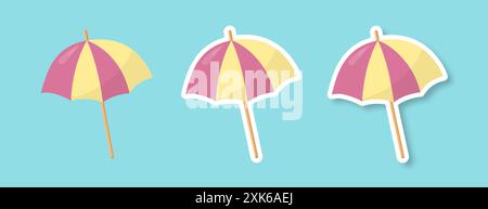 A set of sun umbrellas on a blue background. Stickers of beach umbrellas with shade. Stock Vector