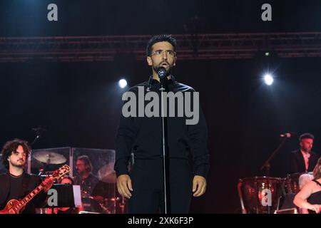 Lanciano, Italy. 20th July, 2024. Piero Barone of Il Volo performs during a concert at the “Tutti per uno - Capolavoro” Tour al Villa delle Rose Park in Lanciano. (Photo by Elena Vizzoca/SOPA Images/Sipa USA) Credit: Sipa USA/Alamy Live News Stock Photo