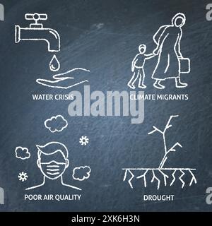 Climate change consequences chalkboard icon set. Water crisis, poor air quality, drought and climate refugees. Vector illustration. Stock Vector