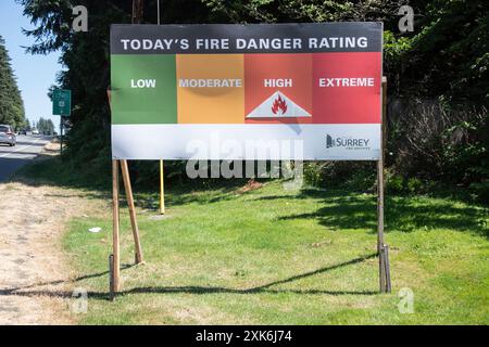 Fire rating danger sign showing high on Highway 10 in Surrey, British Columbia, Canada Stock Photo