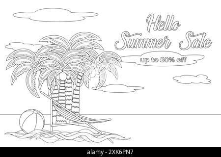 Detailed coloring page illustration featuring palm trees, hammock, beach ball, and a summer sale banner. Perfect for summer-themed coloring activities Stock Vector