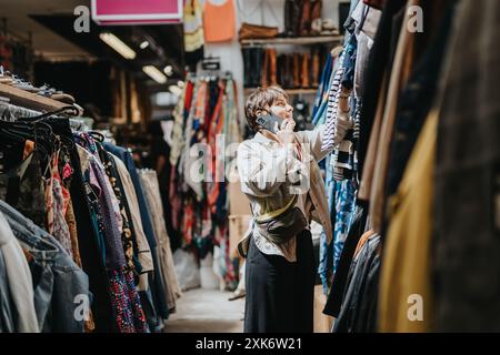 Woman shopping in vintage second-hand clothing store while talking on phone Stock Photo
