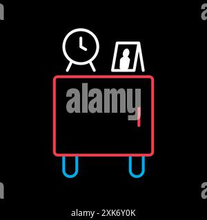 Wooden bedside table and clock alarm vector on black background icon. Graph symbol for furniture, web site and apps design, logo, app, UI Stock Vector