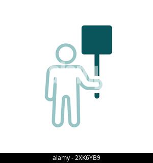 Man standing and holding in hands big sign, banner, card vector isolated icon. Demonstration, manifestation, protest, strike, revolution Stock Vector