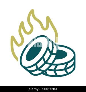 Two lying burning tires revolutionary barricade vector isolated icon. Demonstration, protest, strike, revolution Stock Vector