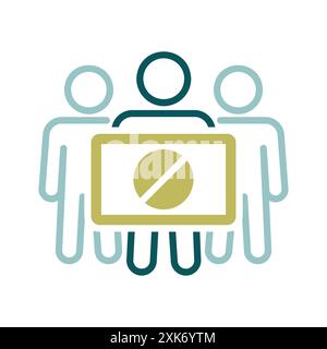Crowd of people with placard, big sign, banner with forbidden sign vector isolated icon. Demonstration, protest, strike, revolution Stock Vector