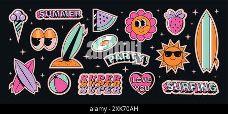 Retro summer stickers. Surf beach party badge. Vacation with surfboard. 90s travel icons. Flower emoji. Sun with sunglasses. Comic chill and cocktail drinks. Fruit ice cream. Vector cartoon labels set Stock Vector
