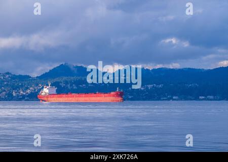 Nanaimo, British Columbia, Canada - February 17, 2023: An ocean feighter anchored in the shelter of Nanaimo Harbour on a stormy day. Stock Photo