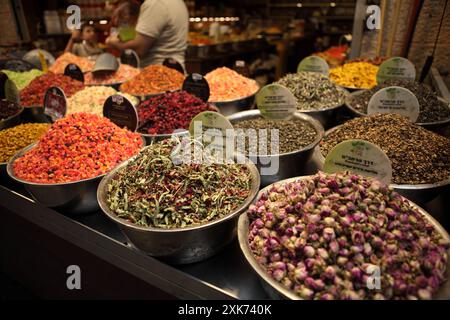 Different infusions for brewing tea each of various fruit, color and flavor, stand in the Machane Yehuda Market, Jerusalem. Stock Photo