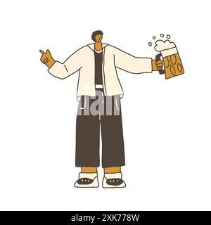 Beer lover. Doodle male character with alcohol drinks. Man holding mug with beverage. Vector hand drawn doodle illustration isolated on white backgrou Stock Vector