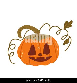 Halloween pumpkin isolated on white background. Textured stylized autumn ripe vegetable with spooky face. Carved lantern with tendrils and leaves. Vec Stock Vector