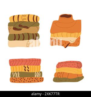 Stack of clothes set. Cozy autumnal sweaters, cardigans and warm accessories. Clothes piles kit. Vector hand drawn collection illustration isolated on Stock Vector