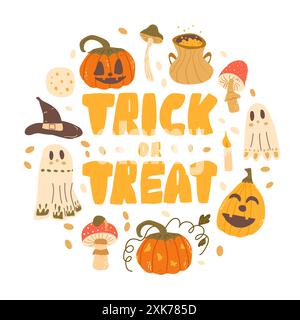 Vector Trick or Treat text with Halloween elements such as pumpkins, ghosts, witch hat, cauldron and candle on a white background. Halloween celebrati Stock Vector