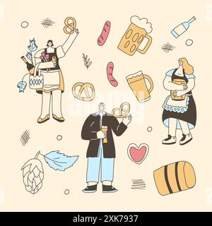Set of Oktoberfest characters. Beer festive people square poster. Vector hand drawn flat collection illustration. Stock Vector