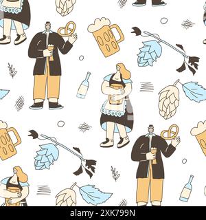 Oktoberfest people seamless pattern. Doodle characters with beer, pretzel and hop cones endless background. Autumn festive continuous cover. Beer lovers repeat ornament surface. Vector illustration. Stock Vector