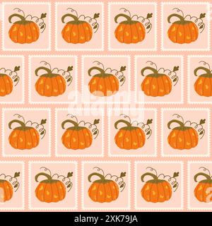Halloween pumpkin checked seamless pattern. Bento box autumn harvest repeat background. Festive retro stamps endless design. Vector hand drawn illustration. Stock Vector