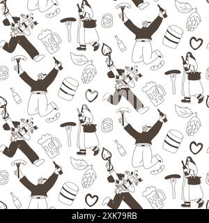Oktoberfest people seamless pattern. Doodle characters with alcohol drinks endless background. Oktoberfest continuous cover. Beer lovers repeat ornament surface. Vector hand drawn illustration Stock Vector