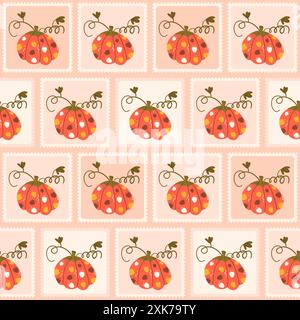 Holiday pumpkin checked seamless pattern. Bento box autumn harvest repeat background. Halloween retro stamps endless design. Vector hand drawn illustration. Stock Vector