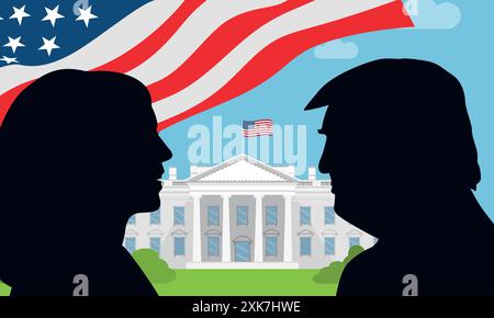 July 21, 2024 - Character Illustration of Kamala Harris facing off against Donald Trump. Illustration of the 2024 US presidential election Stock Vector