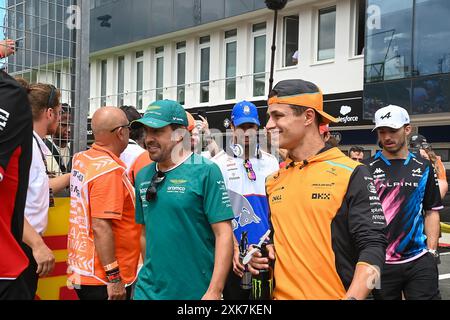 Mogyorod, Hungary. 21st July, 2024. Fernando Alonso (ESP) - Aston Martin Aramco F1 Team - Aston Martin AMR24 - Mercedes andLando Norris (GBR) - McLaren Formula 1 Team - McLaren MCL38 - Mercedes during Raceday on Sunday, July 21, of Formula 1 Hungarian Grand Prix 2024, scheduled to take place at Hungaroring track in Mogyorod, Budapest, Hungary, july 19 to july 21, 2024 Credit: Alessio De Marco/Alamy Live News Stock Photo