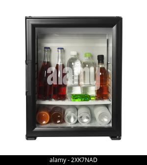 Mini refrigerator with drinks isolated on white Stock Photo