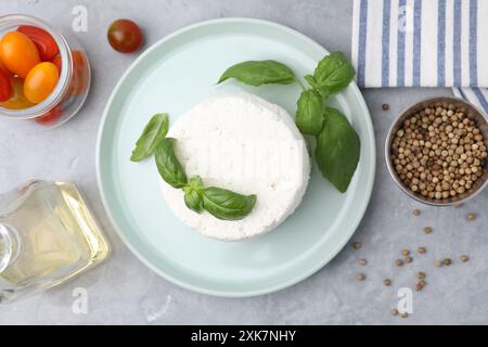 Fresh ricotta (cream cheese) and basil on gray table, flat lay Stock Photo