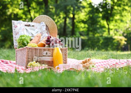 Picnic wicker basket with delicious food, drink and tableware on checkered blanket outdoors. Space for text Stock Photo