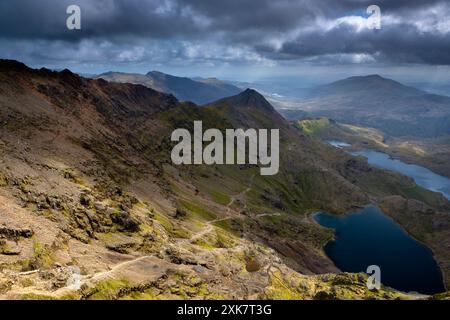 View from Snowdon across Llyn Llydaw towards Crib Goch and Moel Siabod at Snowdonia National Park, Gwynedd, North Wales Stock Photo
