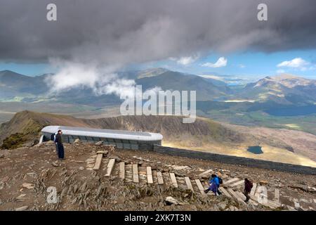 Snowdon / Yr Wyddfa, The new cafe and visitors centre at the summit of Mount Snowdon, the highest mountain in England and Wales. Gwynedd, North Wales. Stock Photo