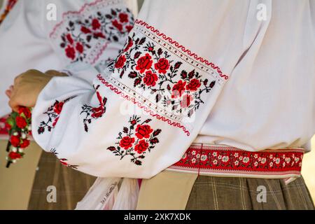Beautiful Ukrainian embroidery on authentic women folk clothes, close-up Stock Photo