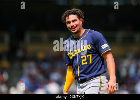 Minneapolis, Minnesota, USA. 21st July, 2024. Milwaukee Brewers shortstop WILLY ADAMES (27) looks on during a MLB Baseball game between the Minnesota Twins and the Milwaukee Brewers at Target Field. The Brewers won 8-7. (Credit Image: © Steven Garcia/ZUMA Press Wire) EDITORIAL USAGE ONLY! Not for Commercial USAGE! Credit: ZUMA Press, Inc./Alamy Live News Stock Photo