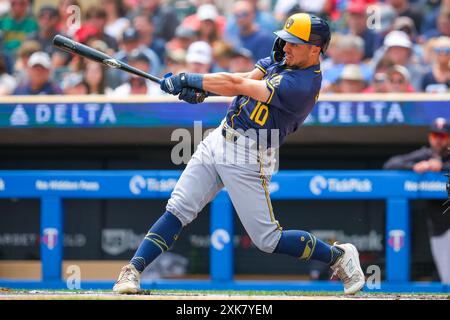 Minneapolis, Minnesota, USA. 21st July, 2024. Milwaukee Brewers right fielder SAL FRELICK (10) hits for a infield ground out during a MLB Baseball game between the Minnesota Twins and the Milwaukee Brewers at Target Field. The Brewers won 8-7. (Credit Image: © Steven Garcia/ZUMA Press Wire) EDITORIAL USAGE ONLY! Not for Commercial USAGE! Credit: ZUMA Press, Inc./Alamy Live News Stock Photo