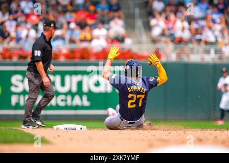 Minneapolis, Minnesota, USA. 21st July, 2024. Milwaukee Brewers shortstop WILLY ADAMES (27) slides in to steal second base during a MLB Baseball game between the Minnesota Twins and the Milwaukee Brewers at Target Field. The Brewers won 8-7. (Credit Image: © Steven Garcia/ZUMA Press Wire) EDITORIAL USAGE ONLY! Not for Commercial USAGE! Credit: ZUMA Press, Inc./Alamy Live News Stock Photo