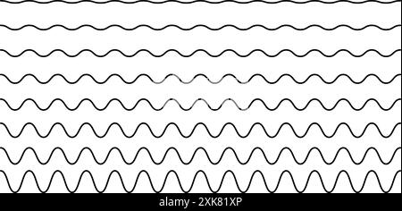 Set of curvy horizontal lines. Wavy borders. Sine or cosine curves. Water, fluid, air or wind symbols. River, sea, lake or ocean signs isolated on white background. Vector graphic illustration. Stock Vector