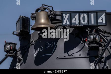 The number, bell, lights, and "Big Boy" inscription on Union Pacific steam locomotive 4014. Stock Photo