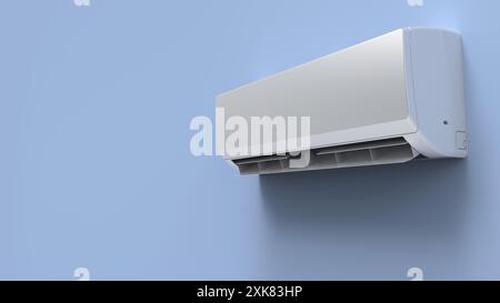 Air conditioner split hanging on the wall. Cooling device in room. White air conditioner isolated on blue wall. 3D Render Stock Photo